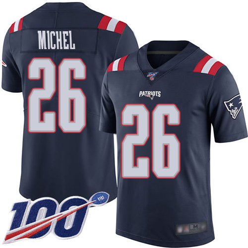 New England Patriots Football #26 100th Season Rush Vapor Limited Navy Blue Men Sony Michel NFL Jersey